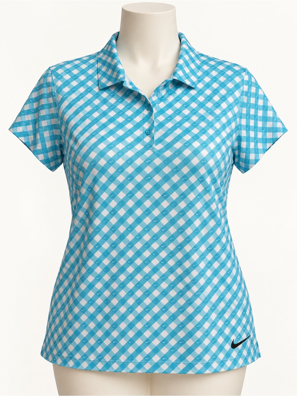 Nike Dri-FIT Golf Polo Women’s XL Turquoise Gingham Swoosh Short Sleeve